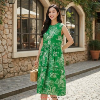 Green TAMARA single-layer ruffled silk dress